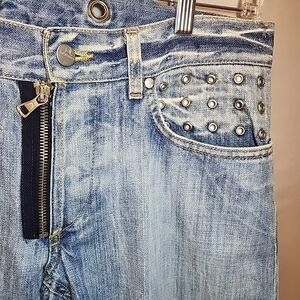 Distressed reconstructed jeans Italian streetwear moto designer patchwork Sz 32